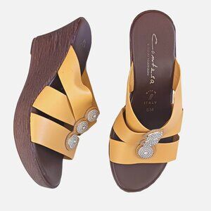 Italian Shoemakers Yellow Wedge Sandals – Size 6M, Made in Italy, Rhinestone Det